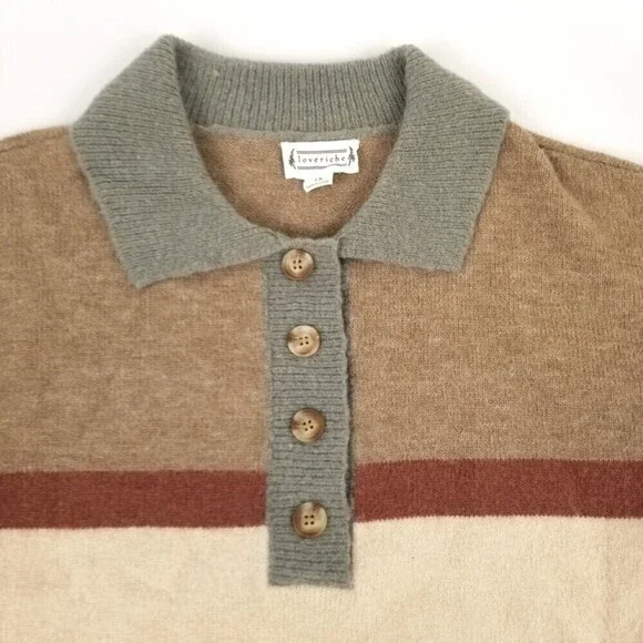 Balloon Sleeve Button Down Polo Sweater Striped Olive Green Womens Plus‎ Size 1X - Picture 3 of 5